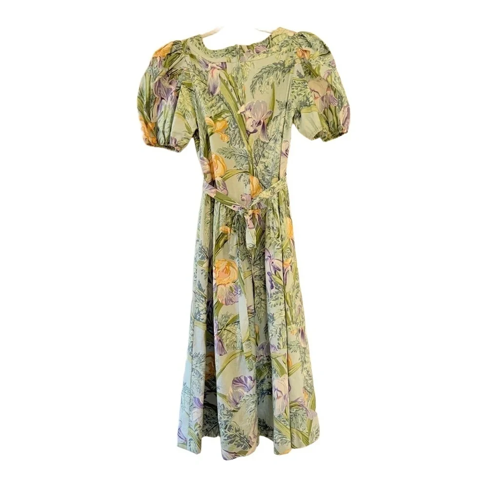 Vintage! BLAIR WOOLVERTON 80s 90s Size 6 Midi Dress Floral Puff Sleeve Tie Waist